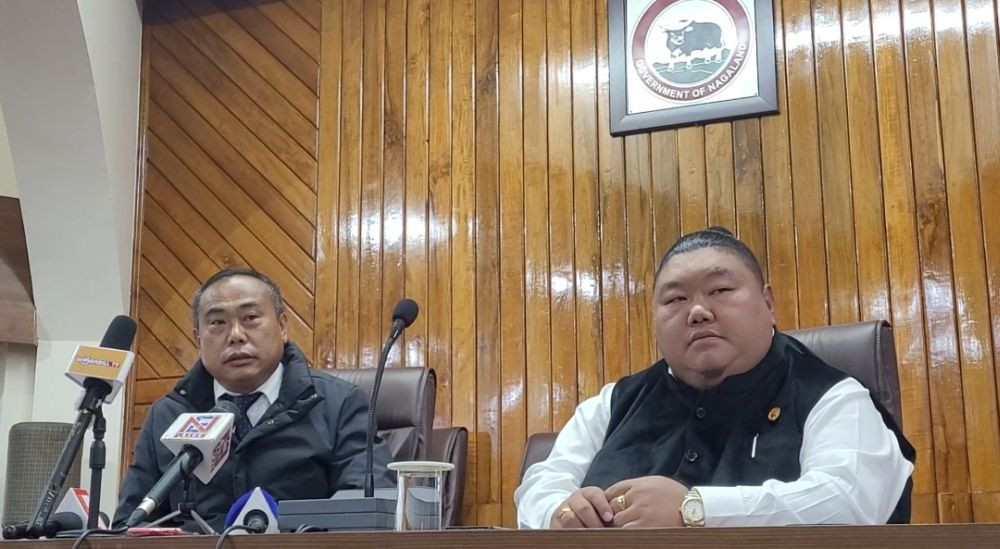 Ministers Kronu and Temjen Imna Along at the press conference in Kohima on December 7. (Morung Photo)